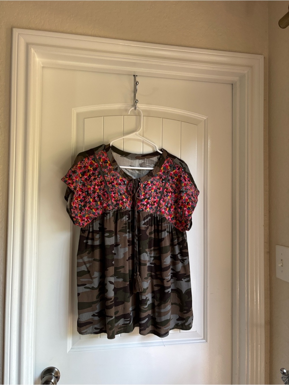 Women’s Camo Peasant Top with Pink Floral Yoke